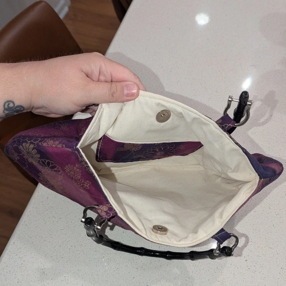 Y2K Floral Asian Inspired Handbag Purple Floral Satin Bamboo Handles  Botanical